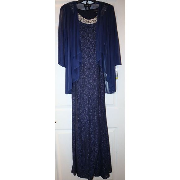 R&M Richards Women's Sz 14 Navy Beaded Dress & Flyaway Jacket 2 Piece Set $139 - Picture 1 of 7